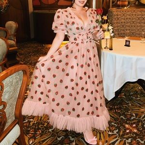 Authentic Lirika Matoshi Strawberry Midi Dress Pink Glitter Puff Sleeve Princess